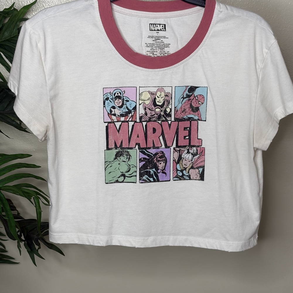 Marvel Graphic Crop Top Pink Ringer Tee Avengers Comic Style Distressed Neck